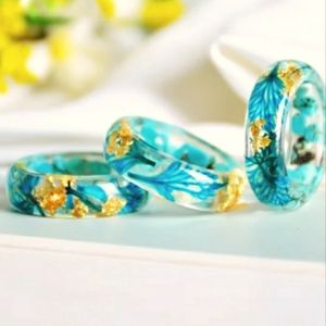 SOLD Unique Gold Foil, Turquoise & Flower Resin Ring